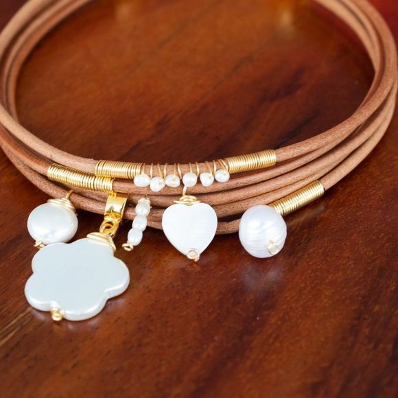 Handmade colorful necklace gold plated heavy new choker pearl leather - Picture 2 of 4